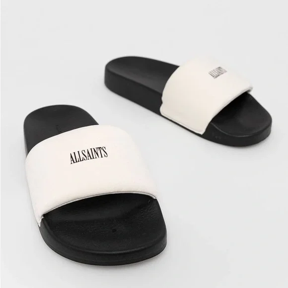 NEW All Saints Men\'s Carmel Neoprene White/Black Logo Slide Sandals - Size: 10 Underground Logo Slip On Slides White | ALLSAINTS US main image 3